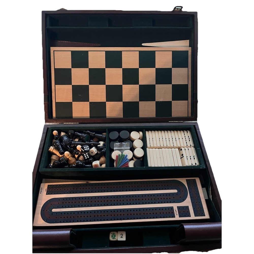 Vintage Travel Briefcase Game Set, Backgammon, Chess,Checkers, Cribbage, Dominos